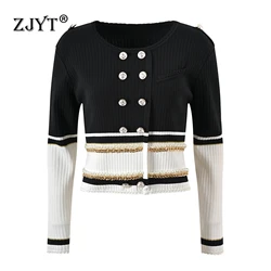 ZJYT Autumn Winter Double Breasted Cardigan Sweaters for Women O Neck Chain Patchwork Knitted Tops Red Jersey Mujer Fashion 2024