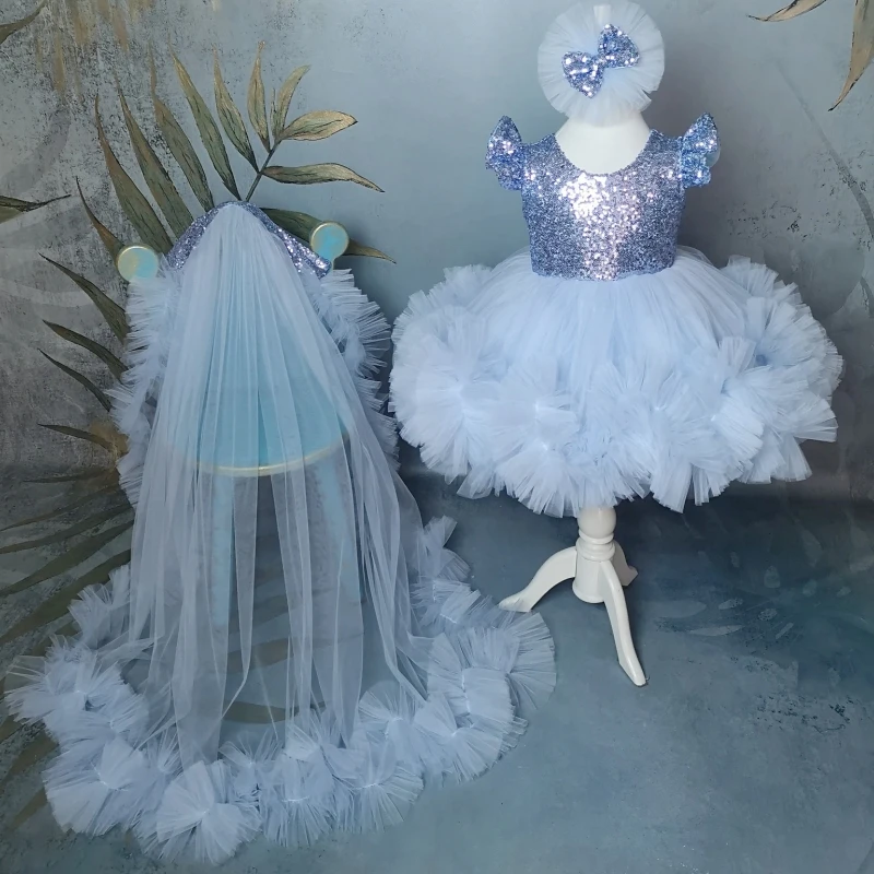 

Blue Flower Girl Dresses Tulle Sequin With Bow And Tailing Sleeveless For Wedding Birthday Party First Communion Gowns