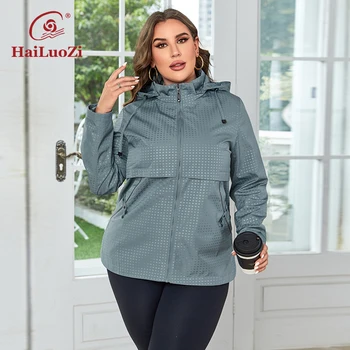 HaiLuoZi 2023 Plus Size Women Clothing Short Trench Coat With Detachable Hood Windproof Fashion Side Pocket Female Outwear 727