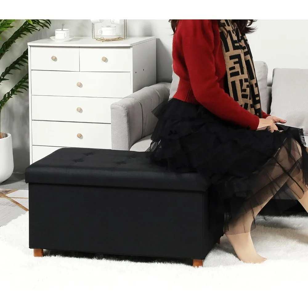 Storage Ottoman with Tray, Foot Stools and Ottomans with Legs, Storage Cube Seat Linen Black 30