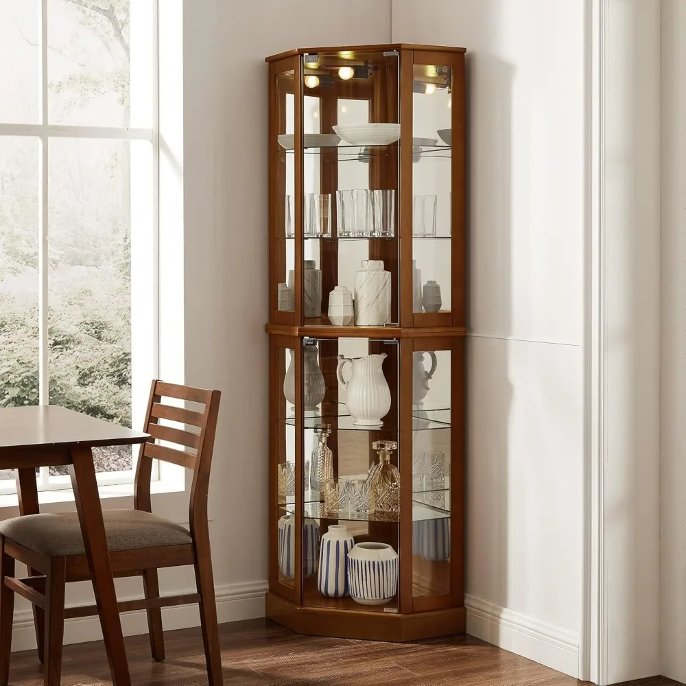 Lighted Corner Curio Display Cabinet with Doors, 6 Tiers Corner Curio Cabinet with Adjustable Tempered Glass Shelves