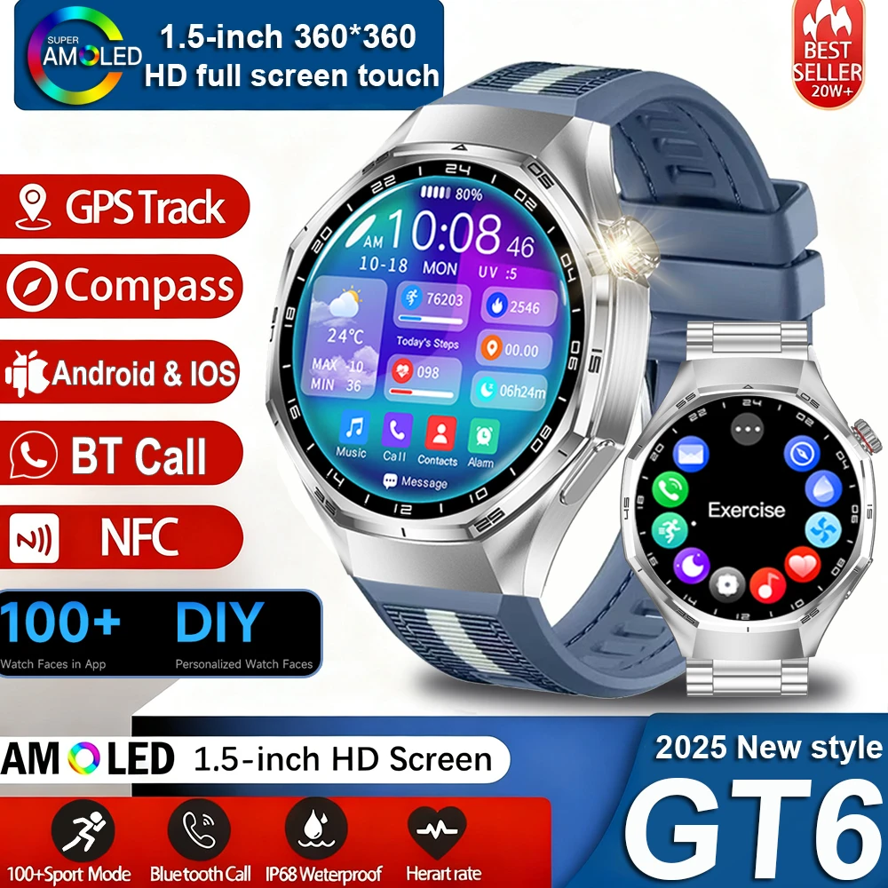

Новые часы GT 6 MAX Смарт-часы Глобальная версия GPS-отслеживание Компас NFC IP68 Водонепроницаемые BT-вызовы Спорт на открытом воздухе Смарт-часы iOS
