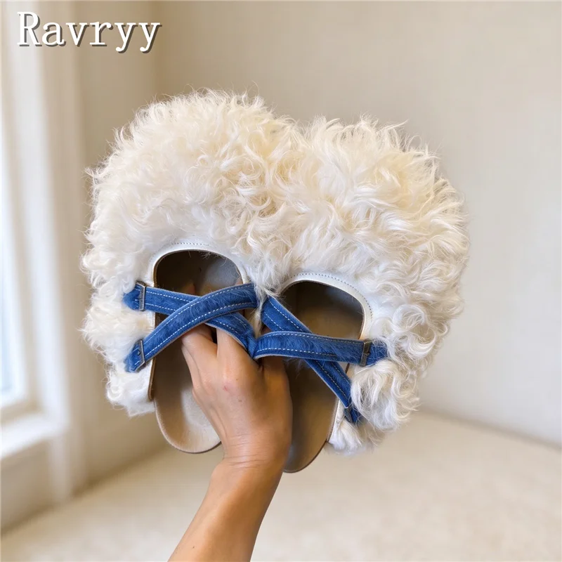 Unique Curly Fur Women Mules Chic Flat Furry Cross Strap Slide Slippers Fashion Indoor Outdoor Casual Footwear