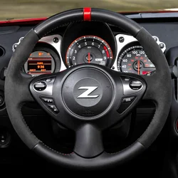 For Nissan 370Z Coupe 370Z Roadster 2013 2015 Hand-Stitch Full Coverage Suede&leather Car Steering Wheel Cover NISMO Accessory