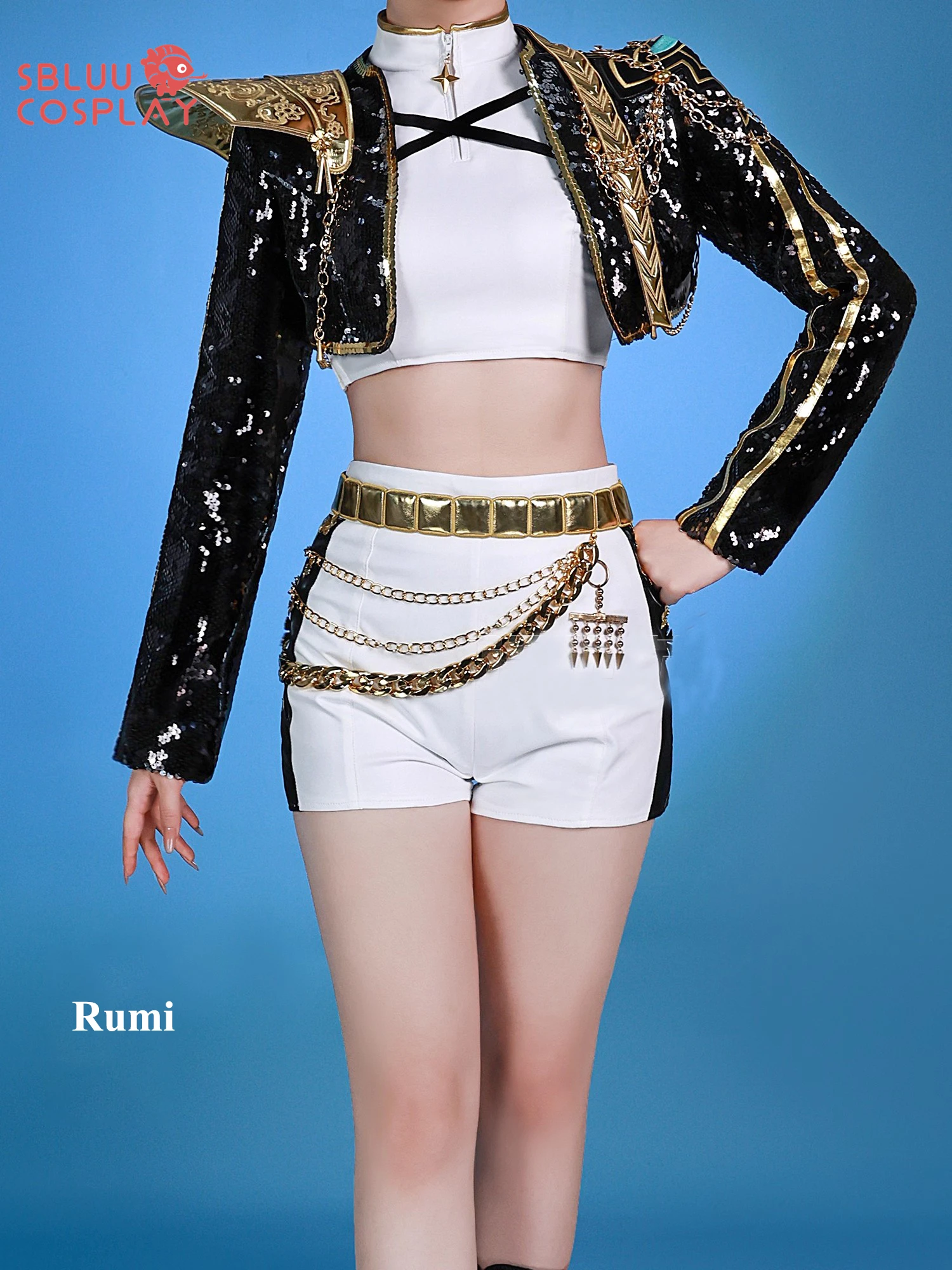 SBluuCosplay في المخزون Kpop Huntrix Zoey Mira Rumi تأثيري شيطان الصيادين تأثيري حلي شعر مستعار المرأة الأسود الذهبي البدلة هالوين