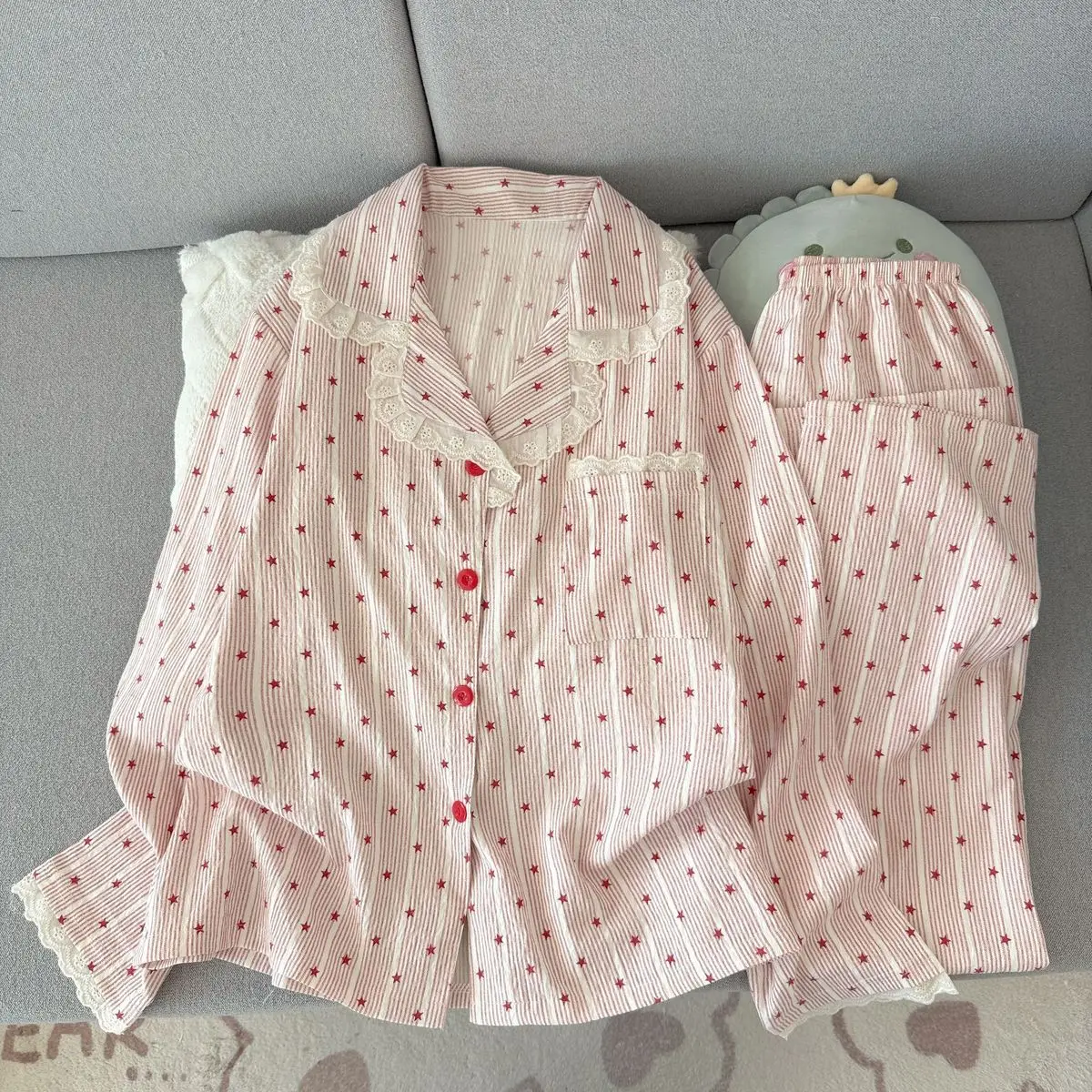 Women Pajamas Two Piece Set Long Sleeve Full Length Pants Sleepwear Loungewear Home Wear Cute Star Print Lace Trim Lapel Collar