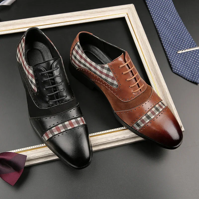 Men\'s Brogue Shoes Brown Black Patchwork Fabric Business Lace-up Breathable Dress Shoes  Men Casual Shoes