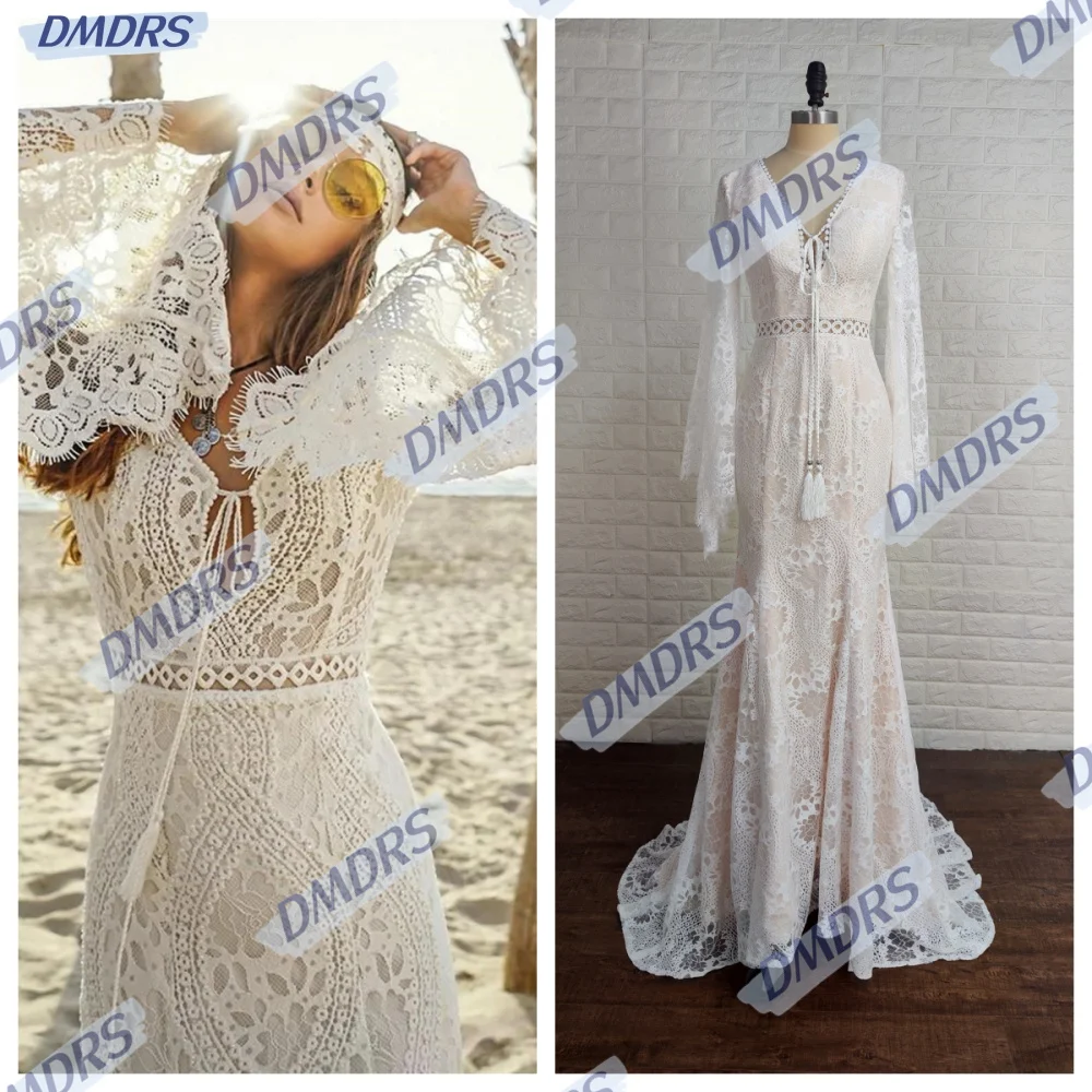 Classic Flare Sleeve Long Sleeve Bride Robe Sexy Deep V-neck Bridal Gown Elegant Lace Long Wedding Dress Robe De Mariée