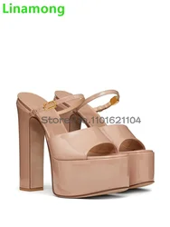 Square Heel Platform Luxury Slippers For Female Women Peep Toe Leather Fabric Metal Buckle Solid Elegant Summer Outside Shoes