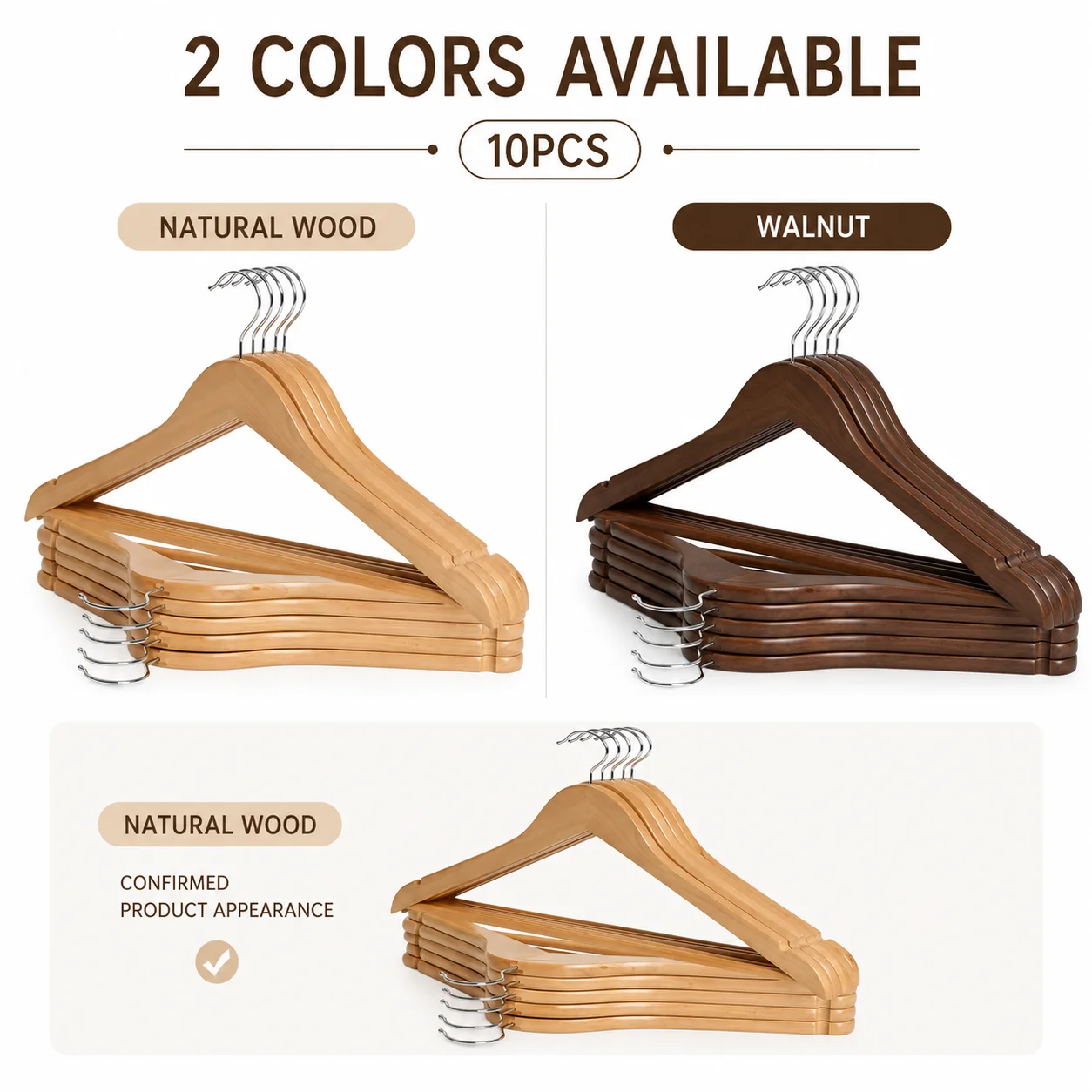 10PCS Solid Wood Clothes Hangers with 360° Swivel Hooks, Non-Slip Shoulder Grooves and Pants Bar for Closet Storage