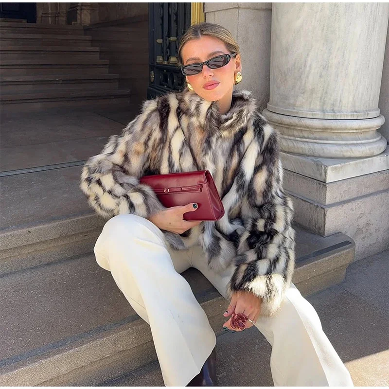 ETJ 2025 winter women's new fashion animal print natural color imitation fur standing collar jacket warm short coat