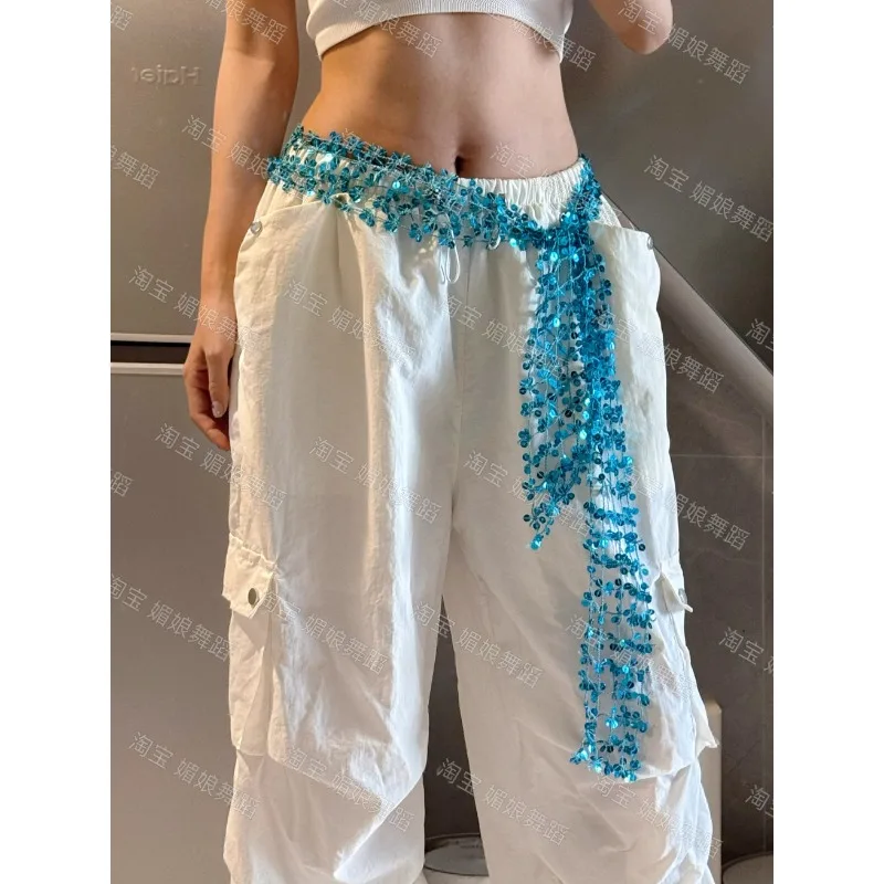 Maßgeschneiderter Jazz-Tanzgürtel, Nische, Pailletten, hohle Taille mit trendiger Straße, KPOP-Furzvorhang, Bauchtanz-Taillenkette, Hüfttuch