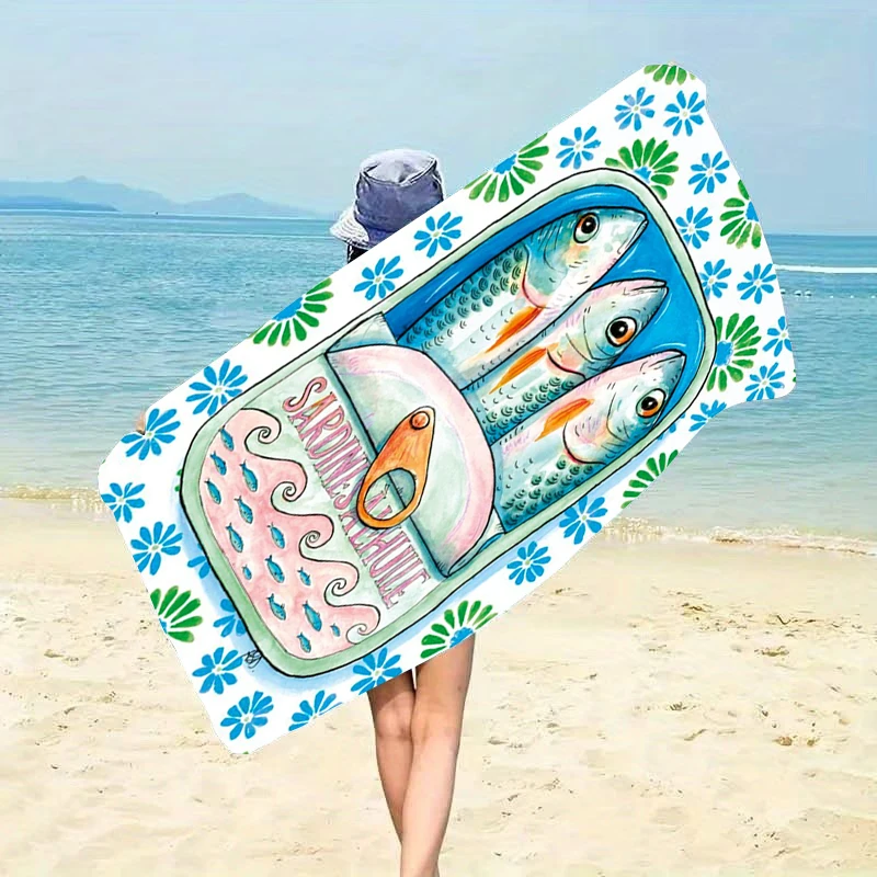 Sardines Can Food Art Beach Towel Blue White Floral Border Design Large Soft Microfiber Bath Blanket For Women Girls