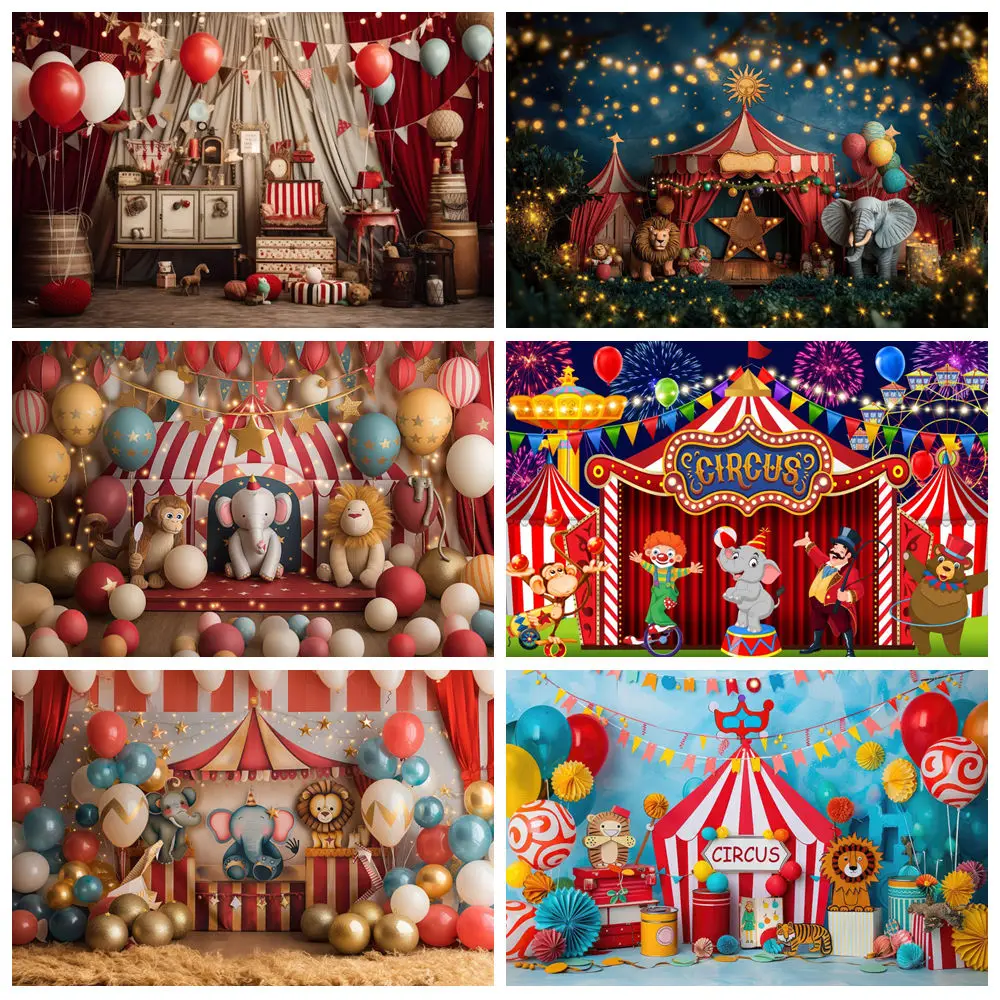 

Circus Carnival Photography Backdrop Red Curtain Balloon Tent Animal Clown Newborn Birthday Party Baby Shower Photo Background
