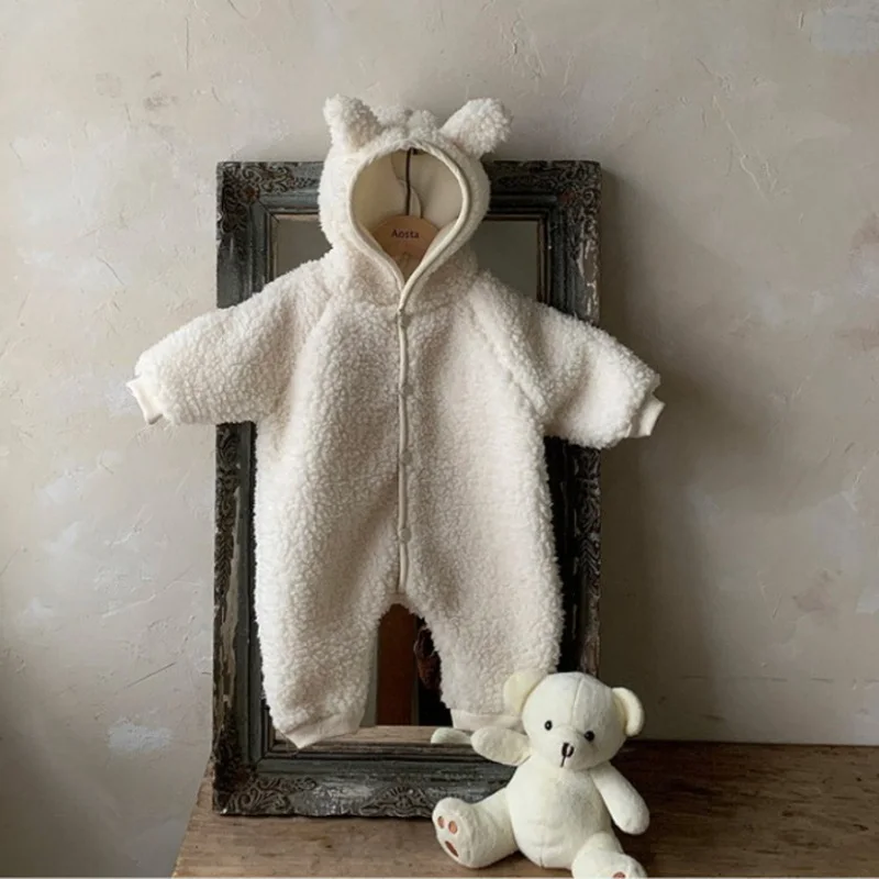 الكرتون الدب طويلة الأكمام لينة أفخم بذلة شتاء جديد طفلة الصبي دسم الأبيض البني السروال القصير طفل دافئ أبلى D2149-1 #3