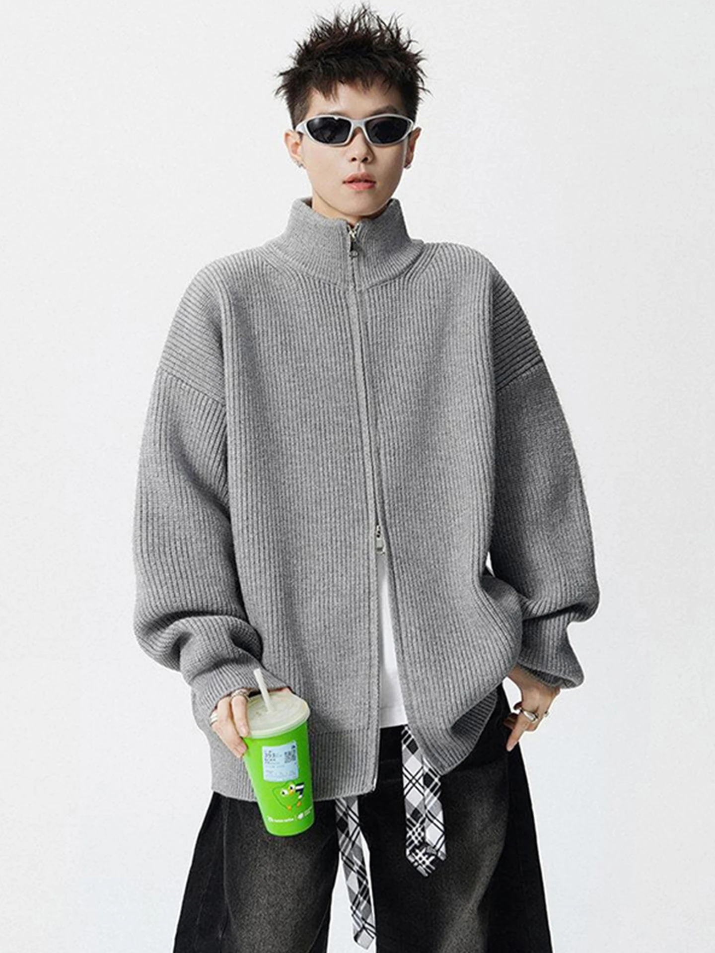 

American Retro Double Zipper Open Cardigan Sweater Men Winter Trend Heavy Polar Fce Warm Comfortable Knitted Outerwear