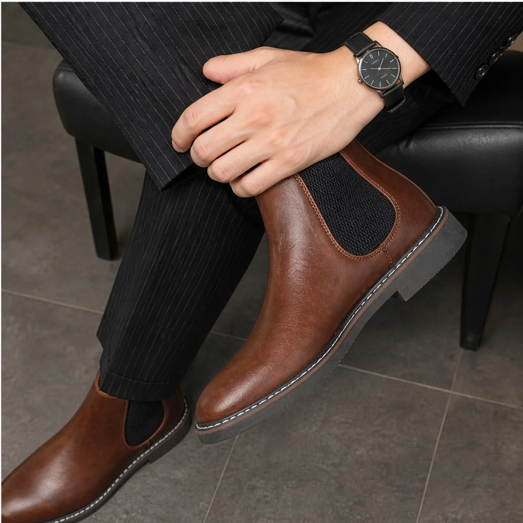 Chelsea-Stiefel für Herren, warmes Braun-Finish, Herrenstiefel mit elastischen Seiten, genähter Sohlenkante, knöchelhoch. – Detail 3