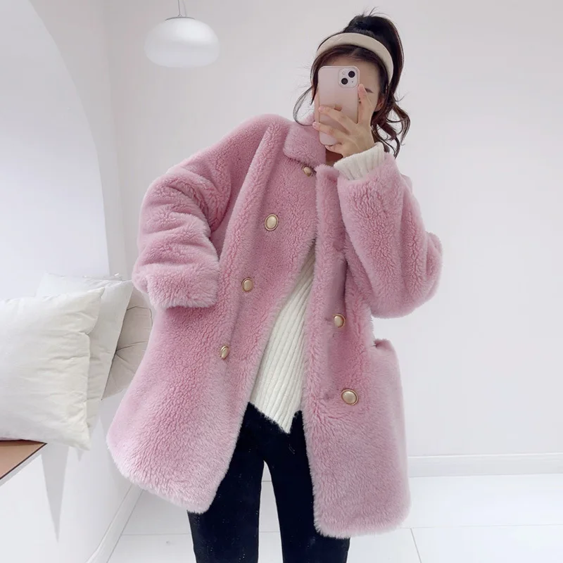 All-wool Granular Cashmere Lambswool Fur Coat Women's Long Double-row Shearling Fur Coat