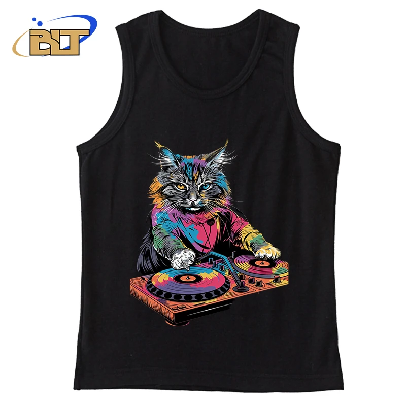 

DJ cat printed boys summer vest black sports top personal sleeveless T-shirt breathable children's clothing