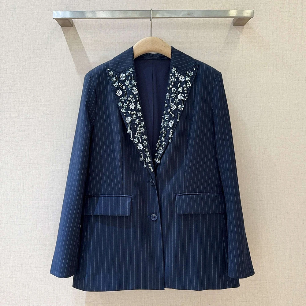 

Жакет-блейзер женский с бисерной отделкой, тонкими полосками, элегантный, однобортный, с длинными рукавами, для офиса, весна 2026, новинка, Y2K