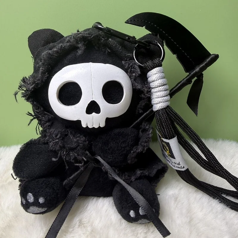 Halloween Skull Cat Plush Keychain Black Cat Bag Charm Gothic Stuffed Doll Backpack Pendant Scythe Decor Gift for Goth Fan