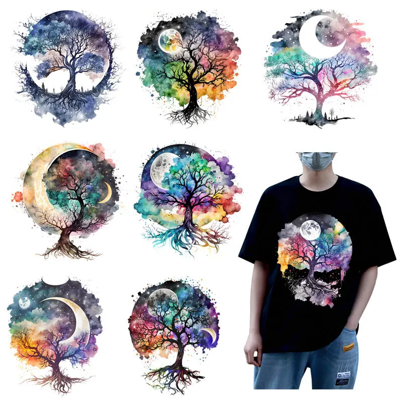 The Tree of Life Colorful Landscape Tree Heat Transfer On Clothes Iron On Patch For Hoodies Diy boy decoration