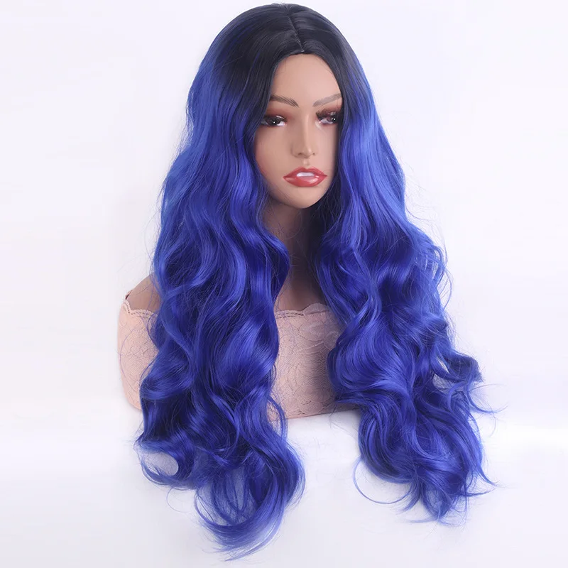Nueva peluca teñida media negro cambio Gradual azul pelo largo y rizado peluca de temperamento de moda tocado