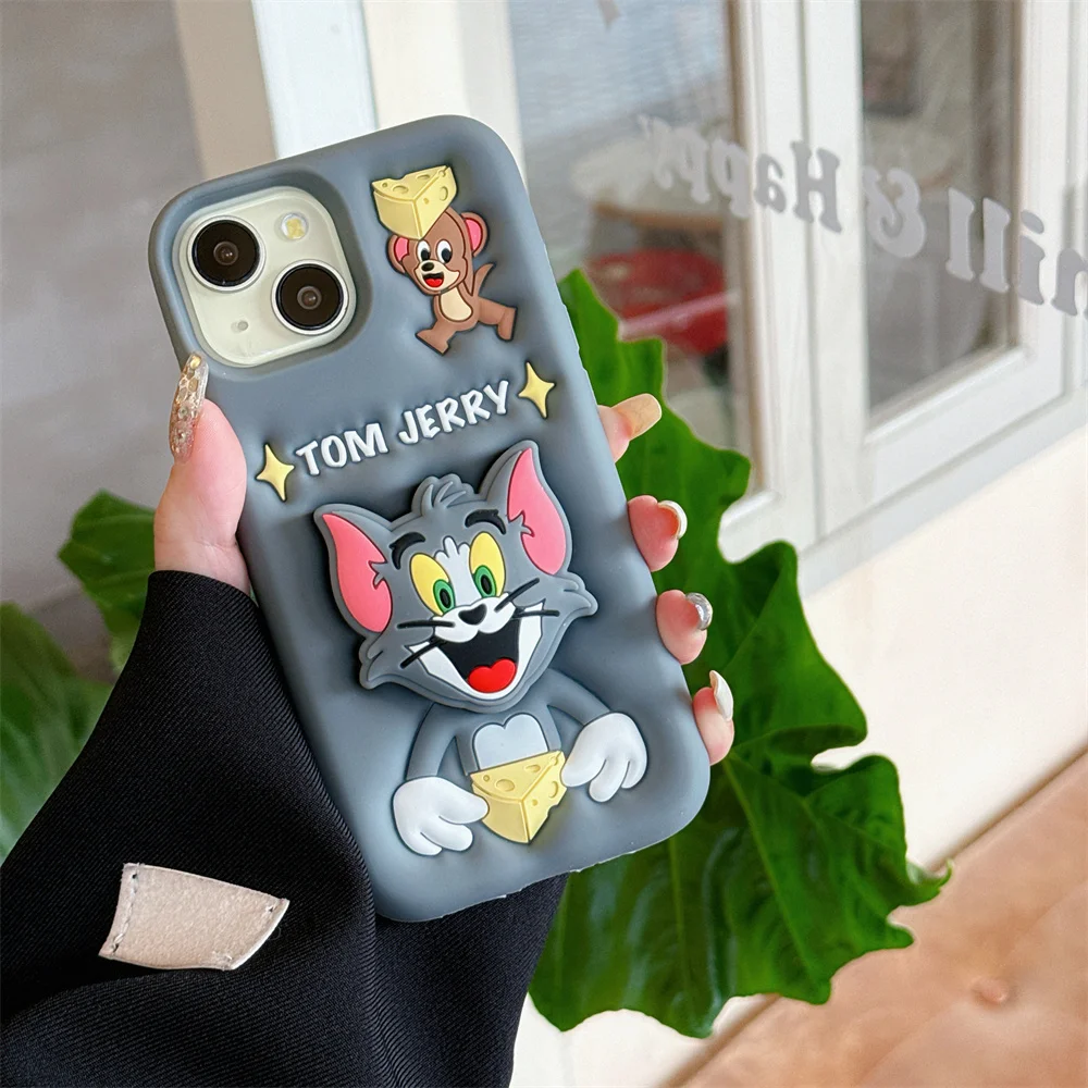 Kawaii 3D Cartoon Tom Jerry Phone Cases For iPhone 16 Pro Max 15 14 Plus 13 12 Pro Max 11 Tom Holder Y2k Soft Silicone Cover