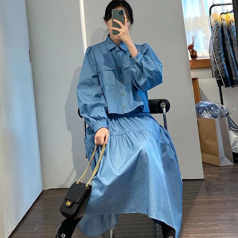 Korean Fashion Matching Sets Turn Down Collar Puff Sleeve Button Blouses High Waist Stitching Long Skirts Solid Color Women Set