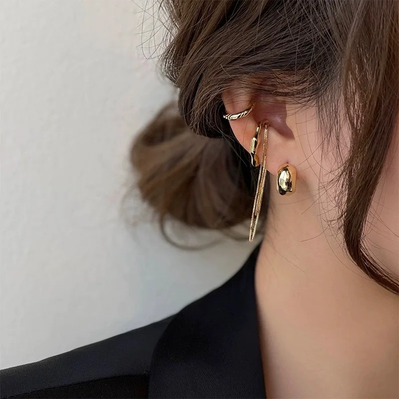Chain Ear Cuff Set Irregular Metal Design Sophisticated Edgy Versatile Women Office Casual Daily Stainless Steel Jewelry