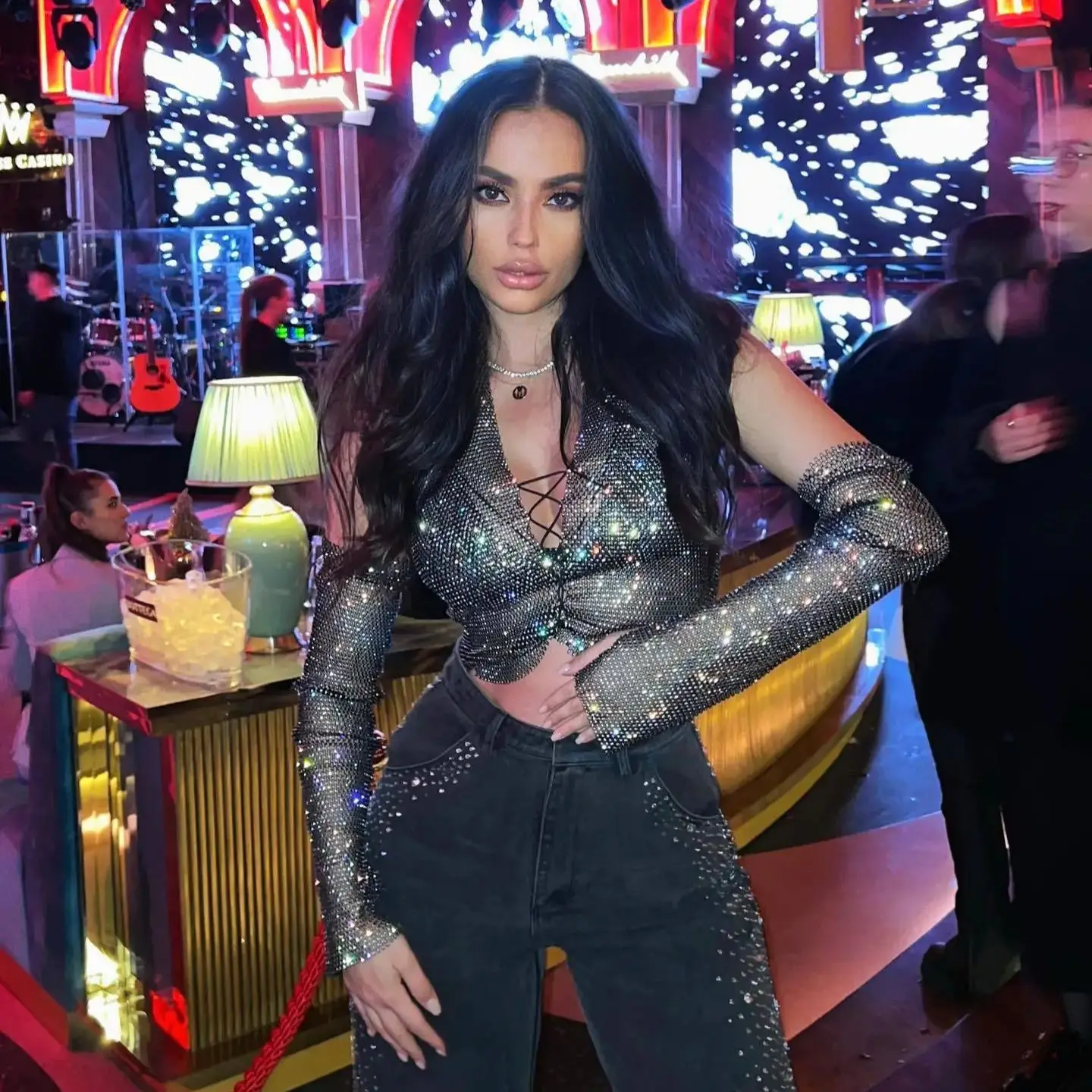 See Through Mesh Tank Top Shiny Rhinestone Hollow Out Bandage Camisole Sexy V Neck Backless Nightclub Crop Top Women Party Top