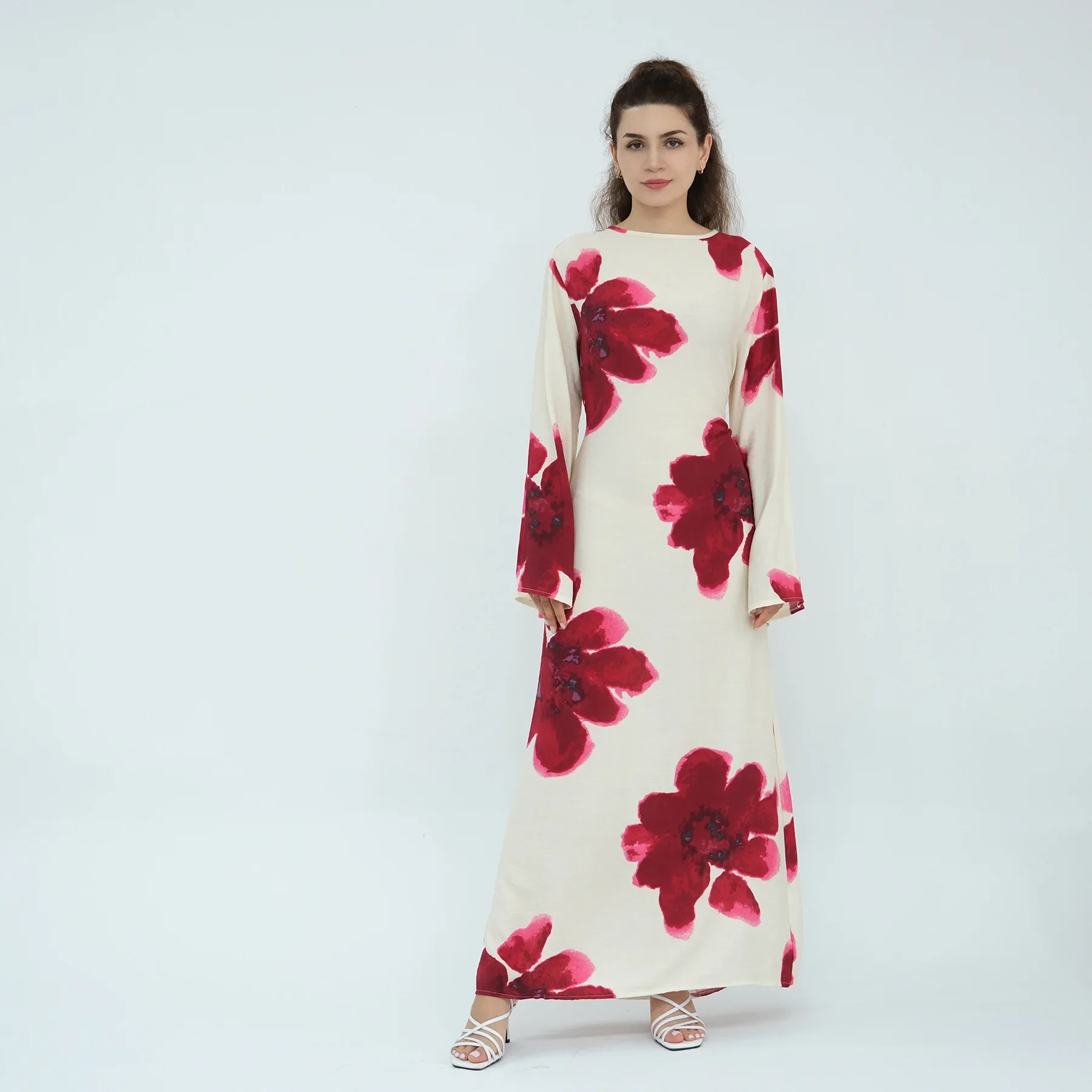 

Women Elegant Flare Sleeve Islamic Robe Maxi Vestidos Muslim Abaya Dubai Sundress Autumn Floral Printed Dresses Kaftan Turkey