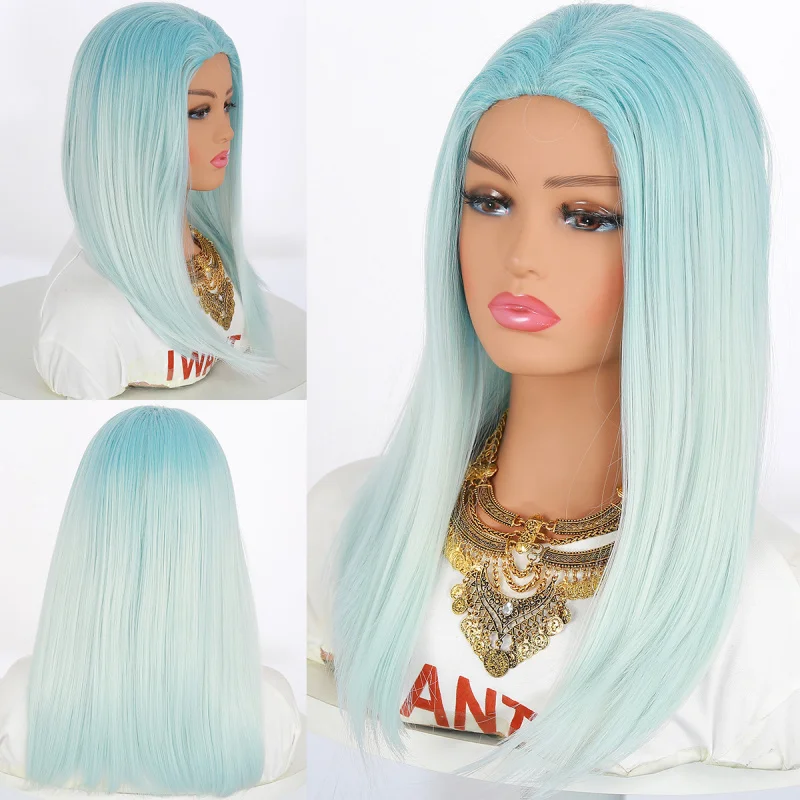 New : European American style, middle-parted, blue gradient long straight hair, suitable for prom and party, dyed wig