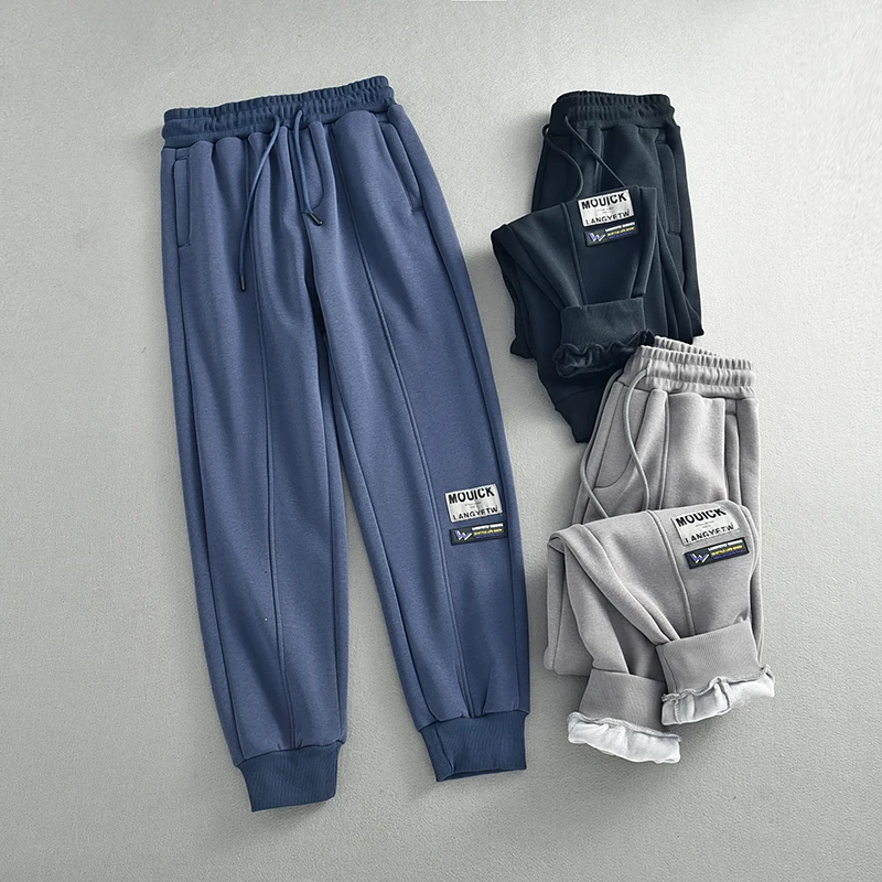 Inverno novo americano retro engrossado veludo tornozelo-amarrado sweatpants simples elástico na cintura com cordão esportes casuais calças soltas