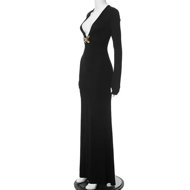 Vestido de fiesta de mariposa con cuello en V para mujer, traje Sexy, Maxi, negro, Y2K, otoño, invierno, manga larga, Bodycon, vestidos de noche