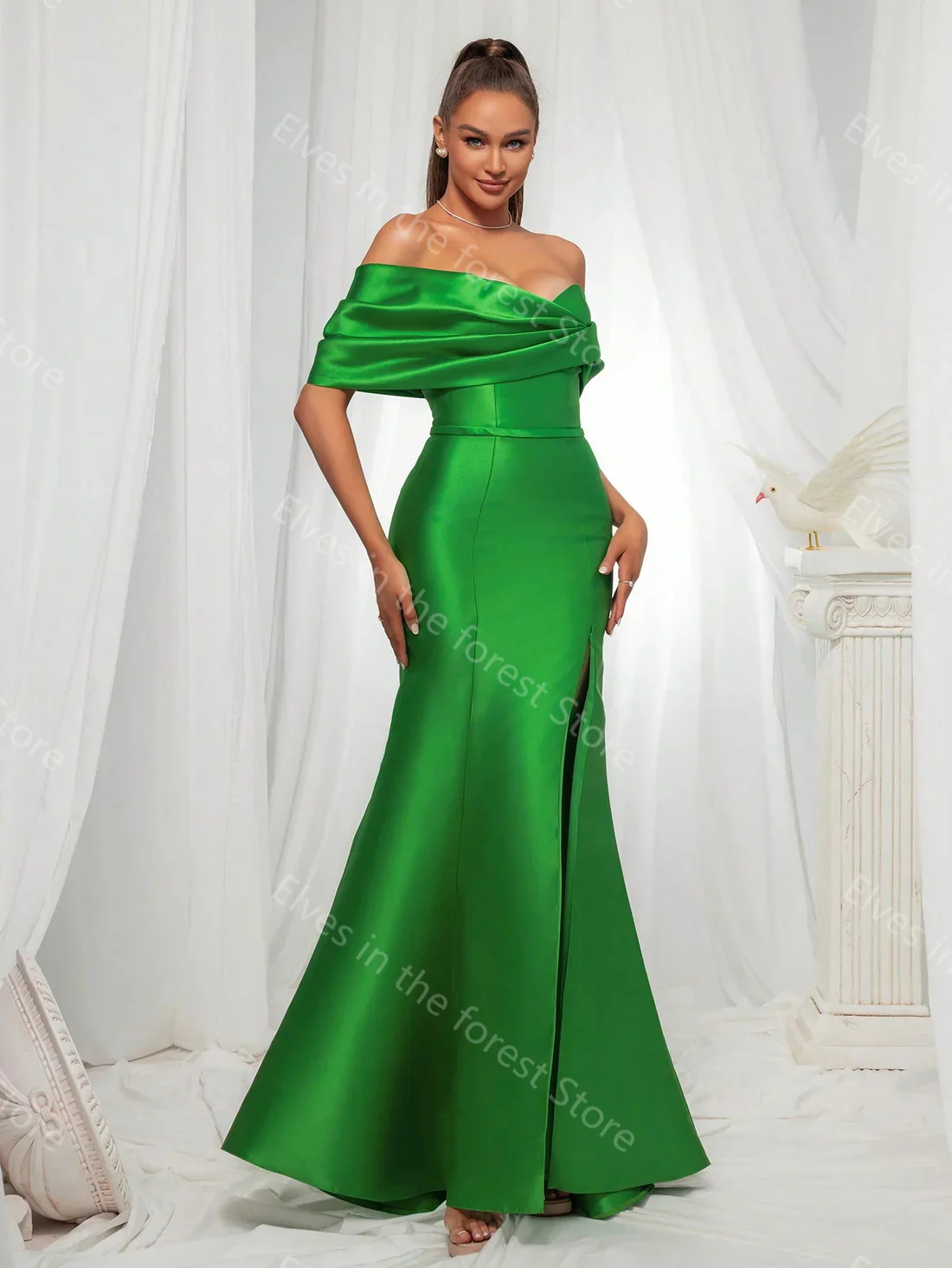 Simple Green Evening Dresses Off Shoulder Satin Mermaid Women Prom Gowns Sexy Ruffles Floor Length Celebrity Wedding Guest Gowns