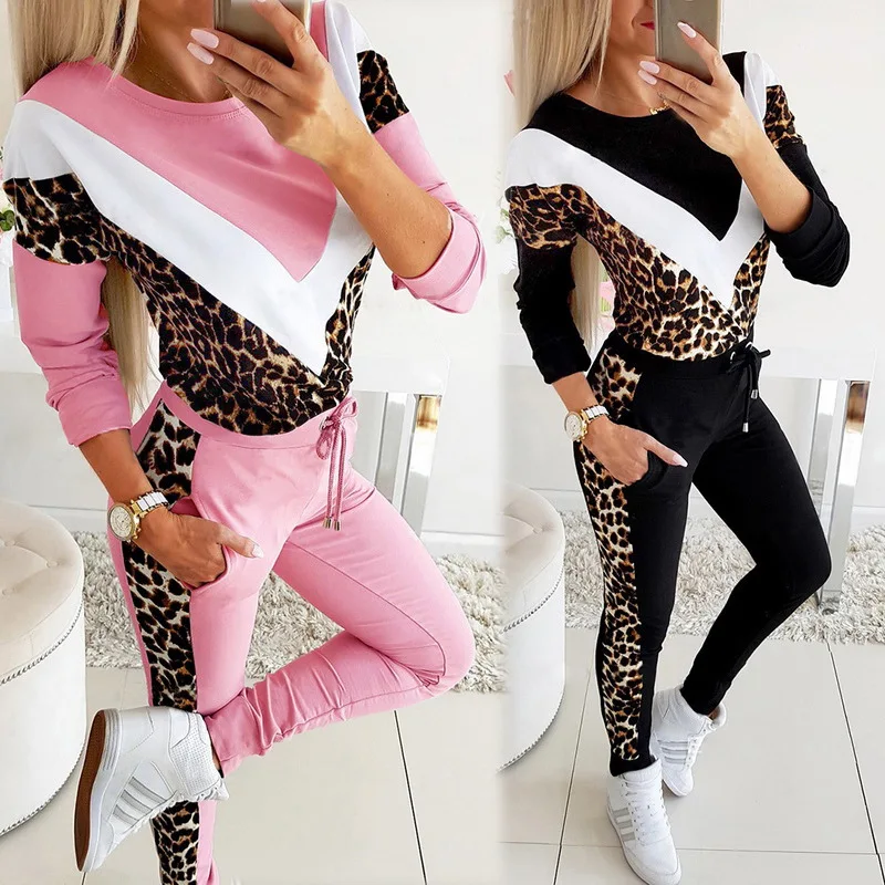 2 Pieces Set Women 2023 Sells Fall New Round Collar v-shaped Leopard Color Matching Fleece Suits Sports Set Dropshipping ZXP9597