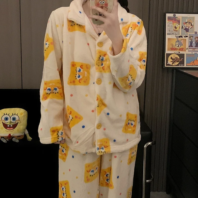 

Комплект пижамы из кардигана и брюк с принтом Губки Боба в стиле Y2K, с воротником, мягкий, теплый, для дома и сна