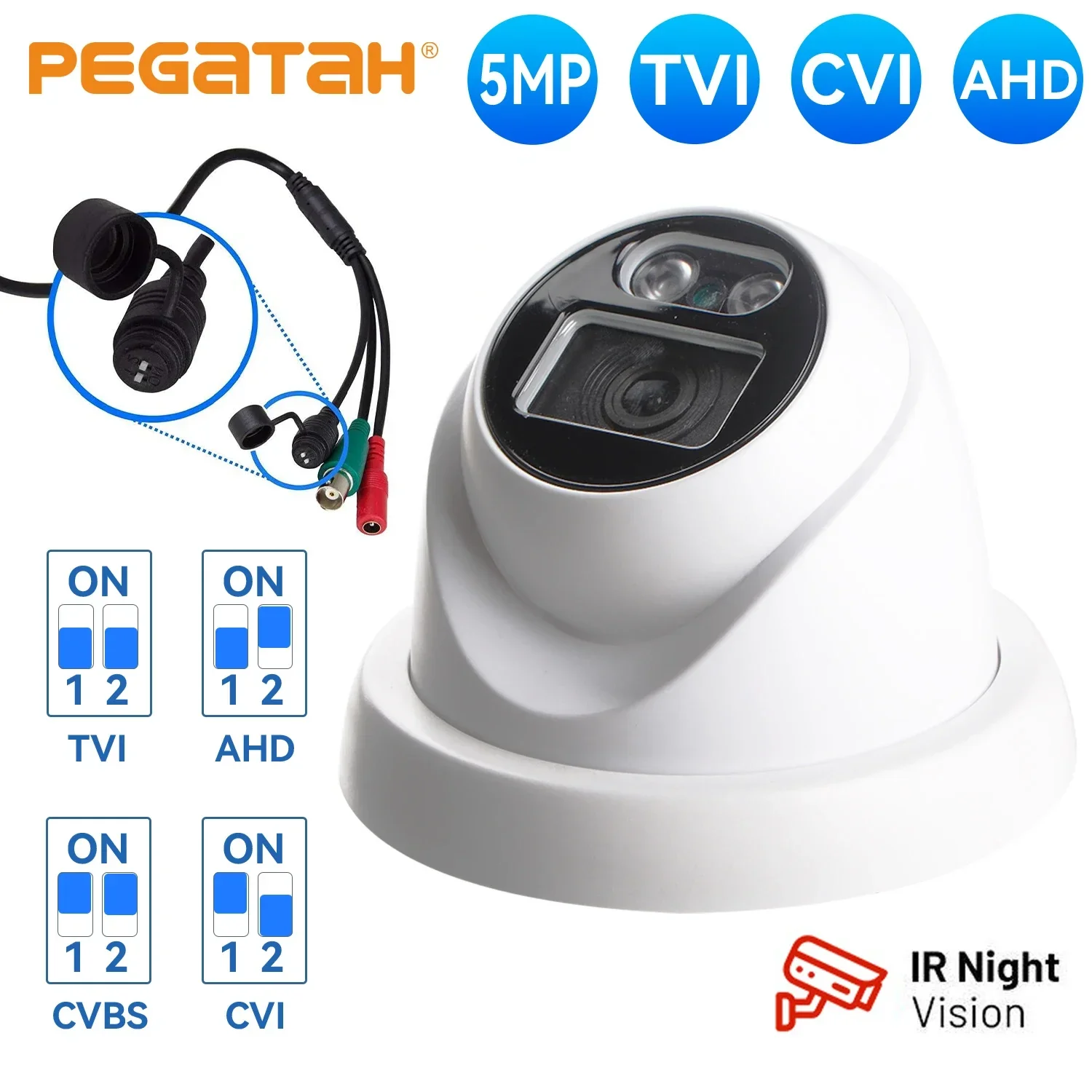 PEGATAH 5MP Outdoor Dome Camera 4-in-1 AHD TVI CVI CVBS DIP Switch IR Night Vision Weatherproof Analog HD Security Cam