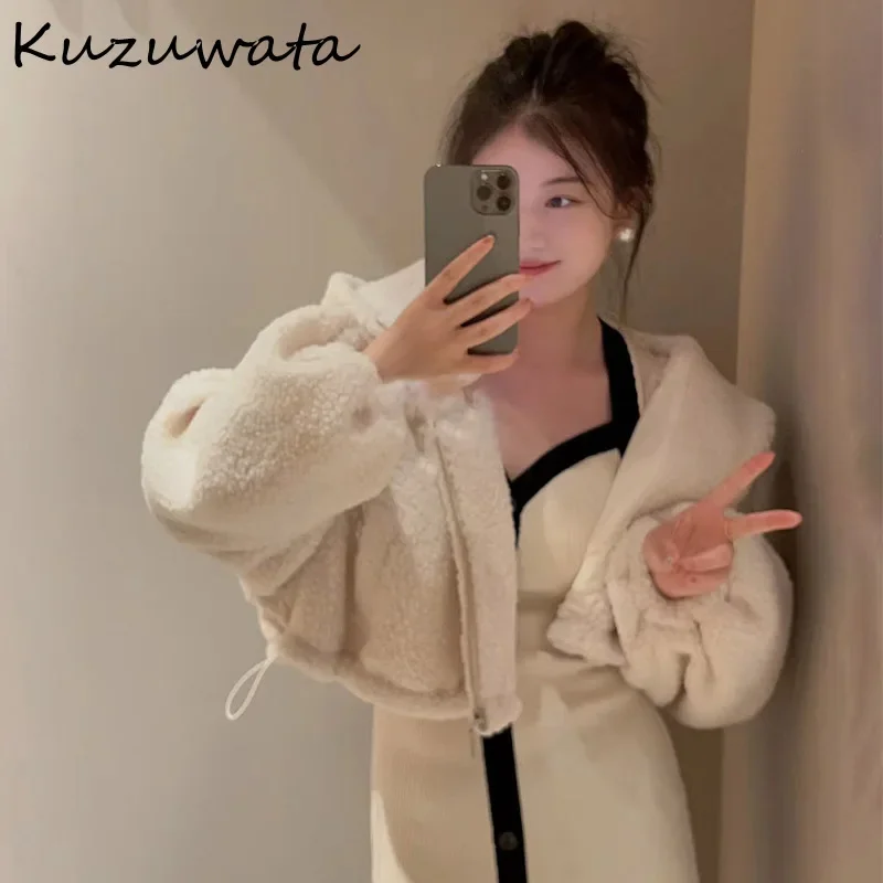 Kuzuwata Japanese Hooded Lantern Sleeve Jackets Loose Double Pockets Drawstring Outwears Fashion Sweet Zip Coat Women