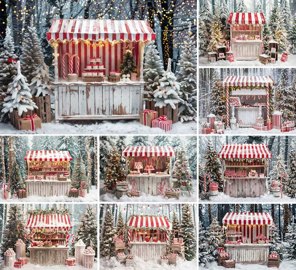 

Mehofond Photography Background Winter Christmas Candy Shop Snow Forest Xmas Tree Kid Family Portrait Decor Backdrop Photo Studi