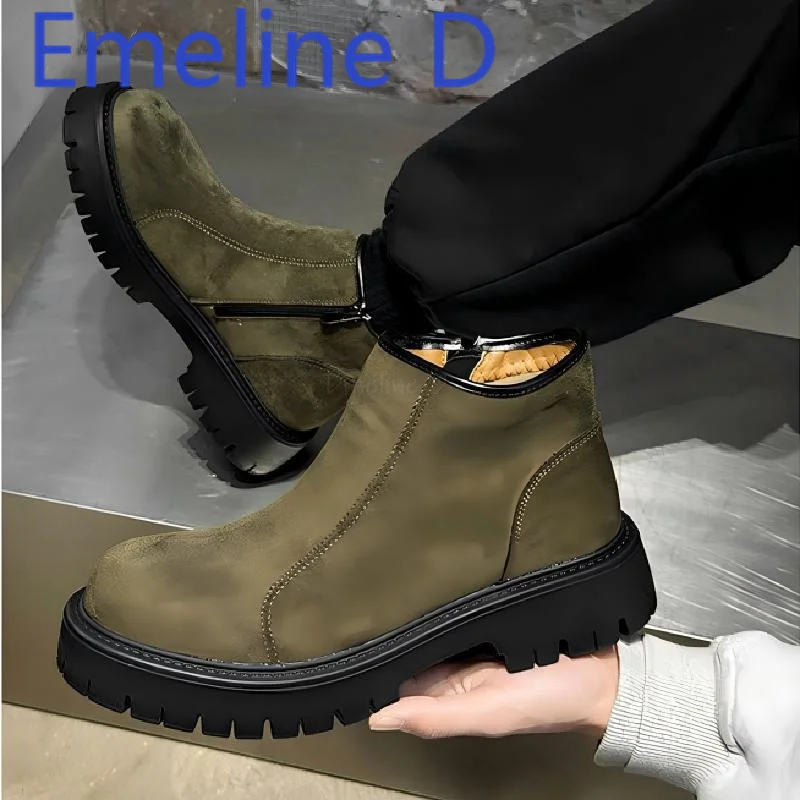 

Suede Leather Short Boots Men's Fashion Army Green Minimalist Style Side Zipper Design Round Toe Thick Sole Chelsea Boots