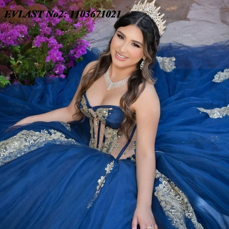 Evolt personalizado brilhante azul real quinceanera vestido de baile ouro applique miçangas espartilho doce 16 vestidos 15 anos e2qa188