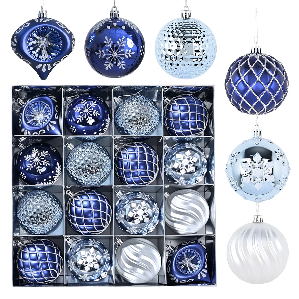 

New 8cm 16Pcs Blue Electroplated Shaped Christmas Balls Set Party Decoration Hanging Christmas Tree Christmas Balls