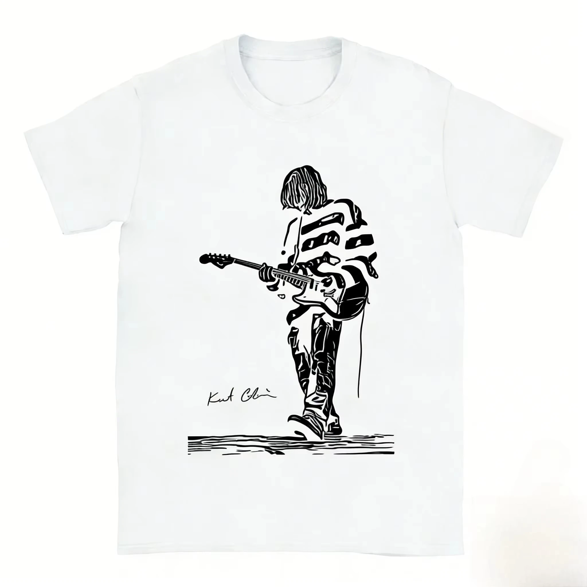 Nirvana Band Kurt Cobain Guitar Hand Drawn T-Shirt Cotton Graphic Tee Men Women Summer Streetwear