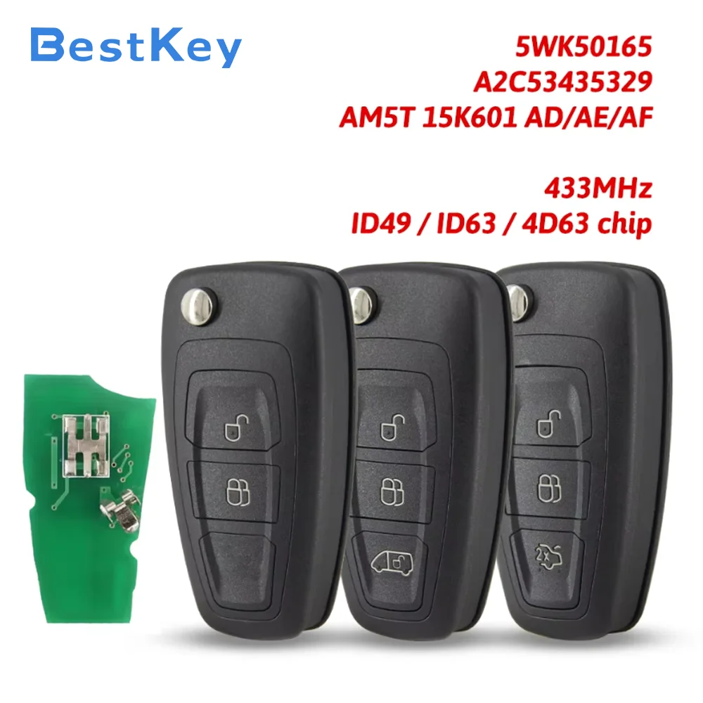 Best Key 434MHz FSK Vehicle Transponder Key 2 3 Button 4D63 ID46 ID49 Chip for Ford Mondeo Focus Ranger Transit Custom Connect