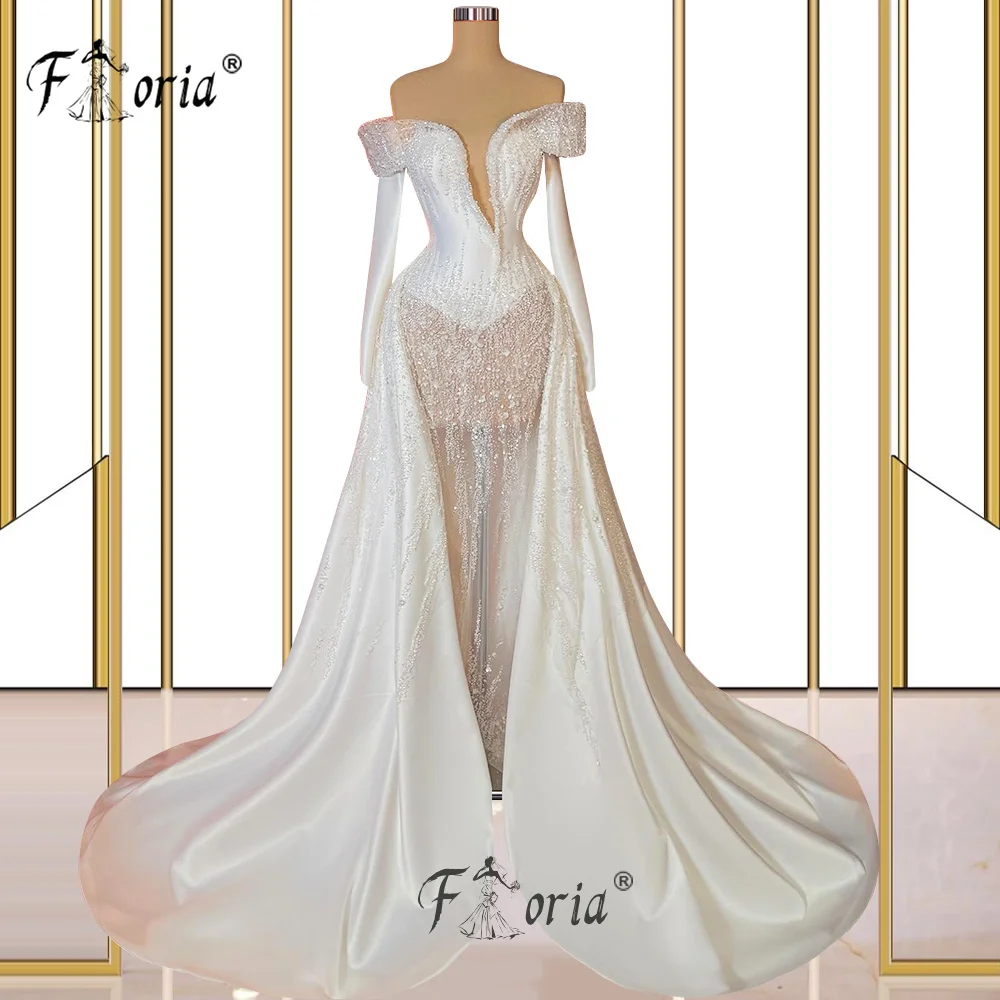 Abito da sposa di lusso con perline avorio Dubai con strascico staccabile scollo a V profondo manica lunga abiti da sposa in raso con paillettes abiti taglie forti