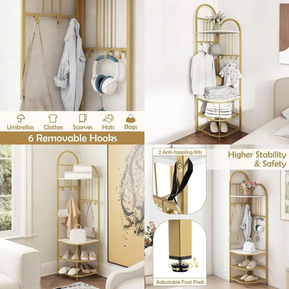 

71 White & Gold Standing Coat Rack with Shoe Storage Bench, 6 Hooks, 4-Tier Shoe Organizer for Entryway or Living Room