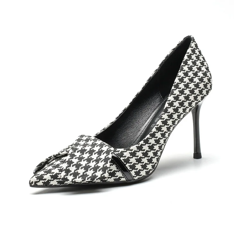 

Bloomsteps85508 Pointed Toe Stiletto 2026 Autumn New Versatile Houndstooth Color Block Shallow Mouth Pumps