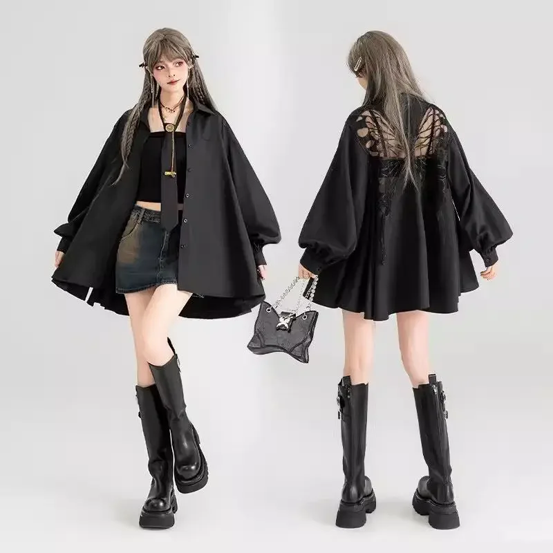 

Butterfly Embroidered Black Long Sleeve Shirt Women Summer New Bubble Sleeves Sunscreen Loose Bloause Womens Tops